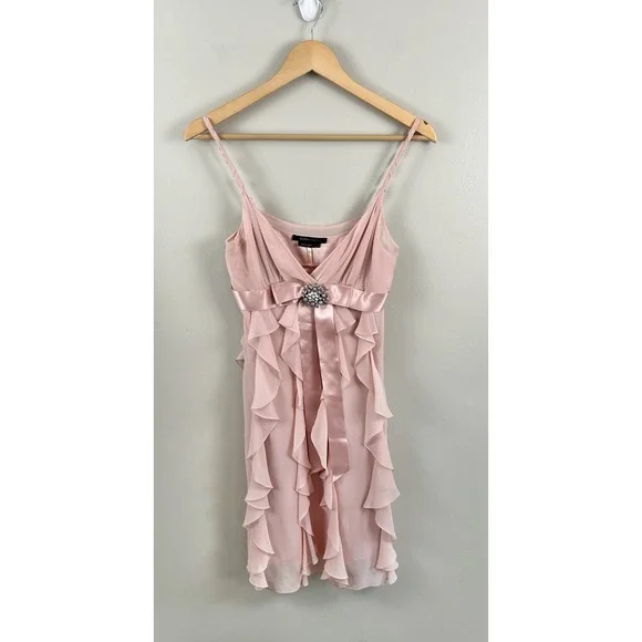 BCBG MAX AZRIA Strappy Dress Cascading Ruffle Silk Fairy Blush Pink Sz 2 - Picture 2 of 11